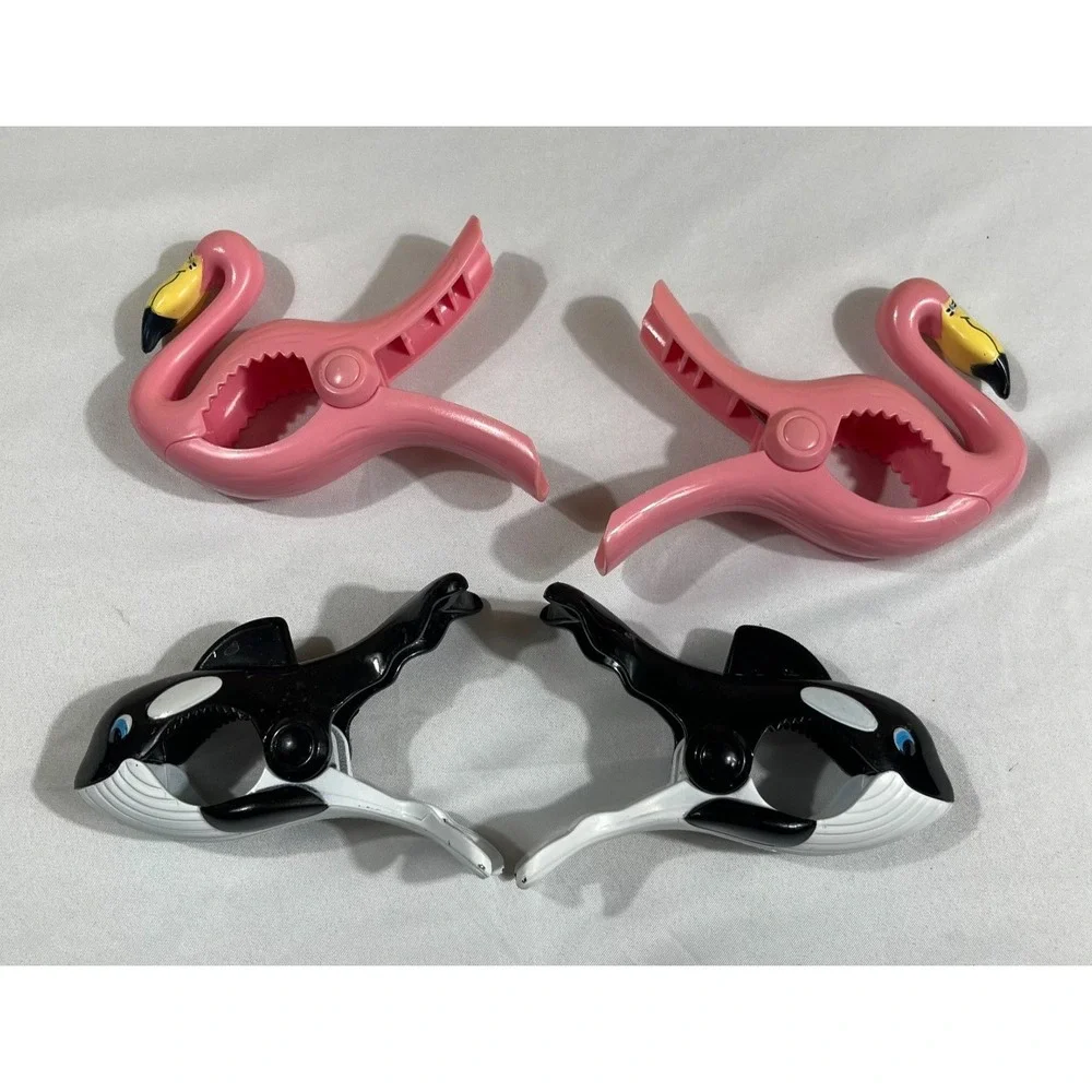 4pc Flamingo & Whale Beach Towel Clips Tropical Coastal Pool Chair Accessories